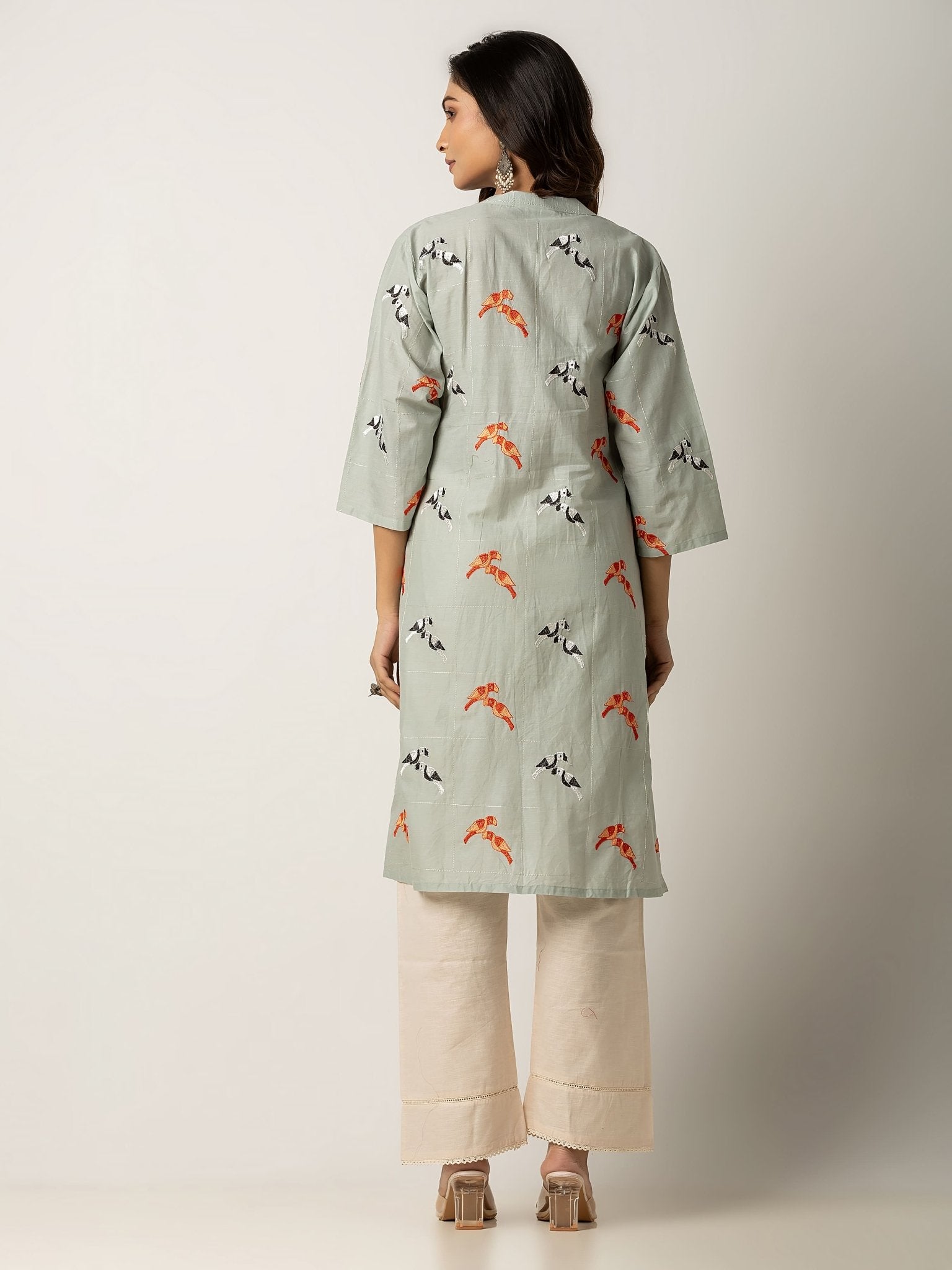 Bird Embroidery Long Sleeve Cotton Casual Kurta - Zashmin